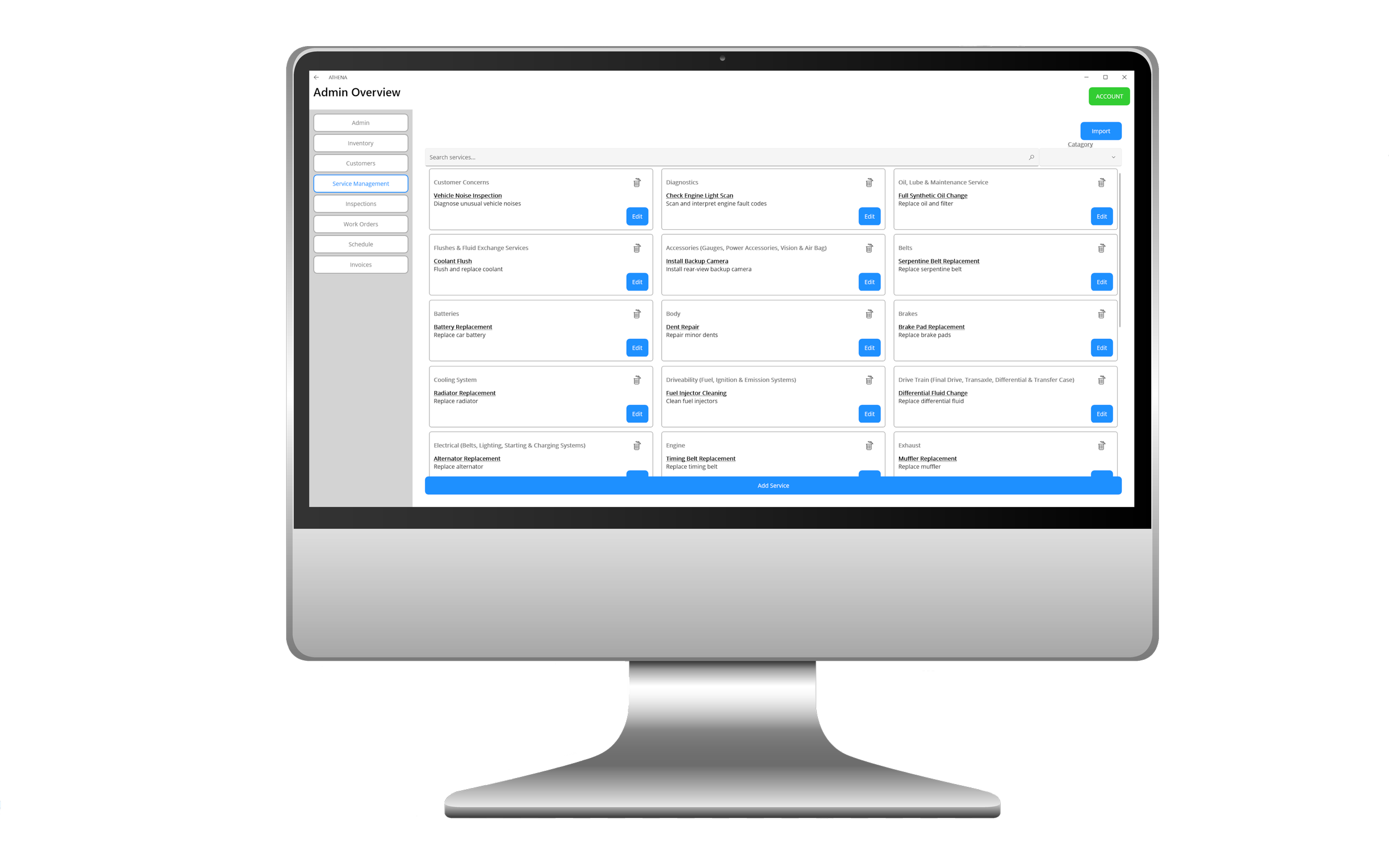 Athena service management screen